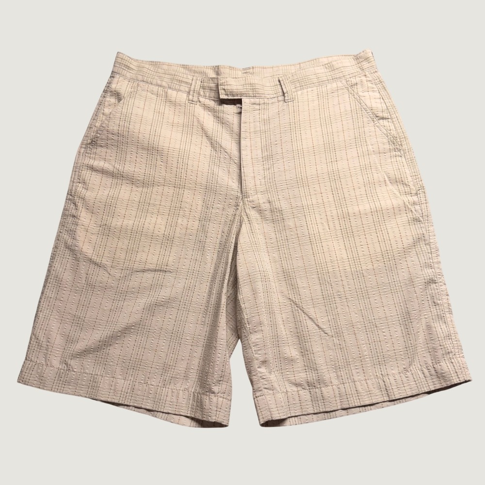 Patagonia‎ Mens 34 Seersucker Plaid Shorts Tan Green Organic Cotton Gorpcre